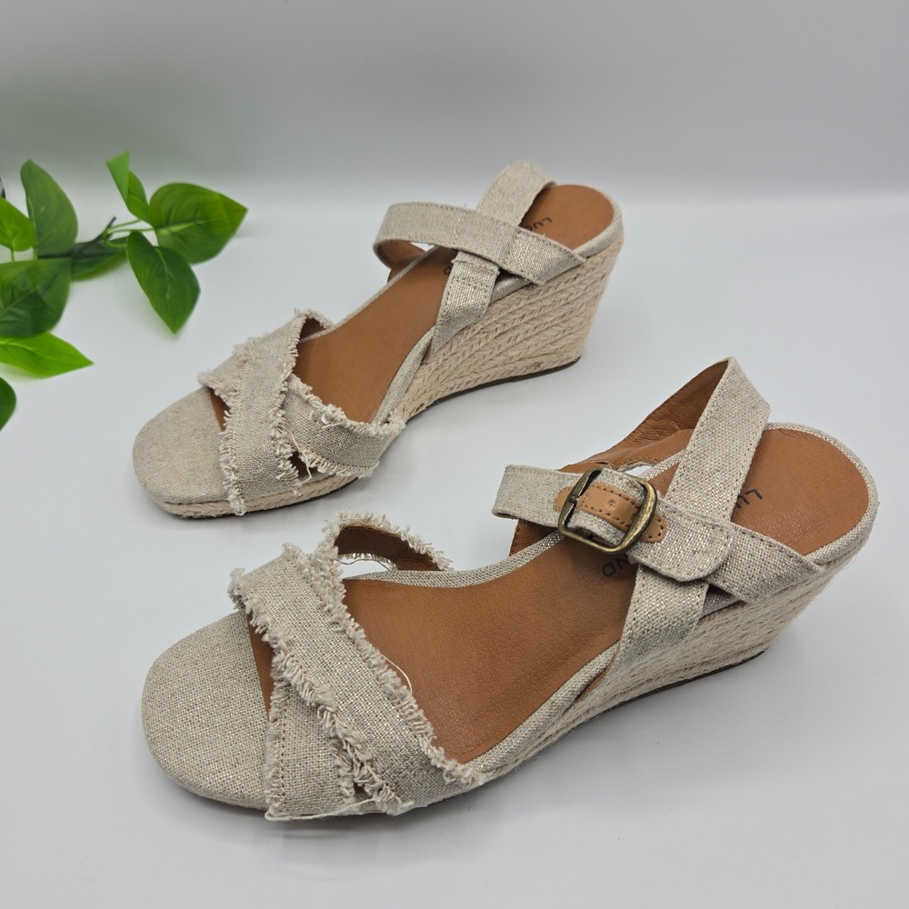 Lucky Brand Marveiy Wedge Sandals WMS 7.5M Oatmeal Linen Frayed Espadrille - Picture 2 of 6